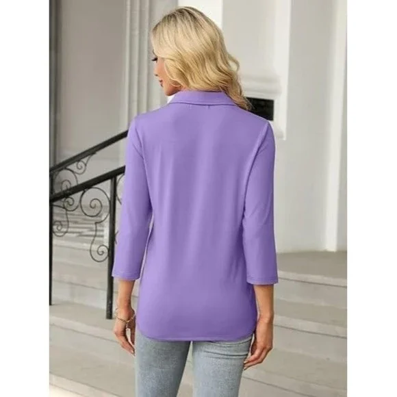 TICTICMISS Women's 3/4 Sleeve Tops XL Collared V Neck 1/4 Zip Polo Shirt Purple - Picture 4 of 7